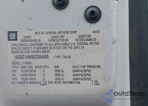 2002 Chevrolet Silverado 1500 Commercial z USA, uszkodzony, nr VIN 1GCEC14W82Z304435